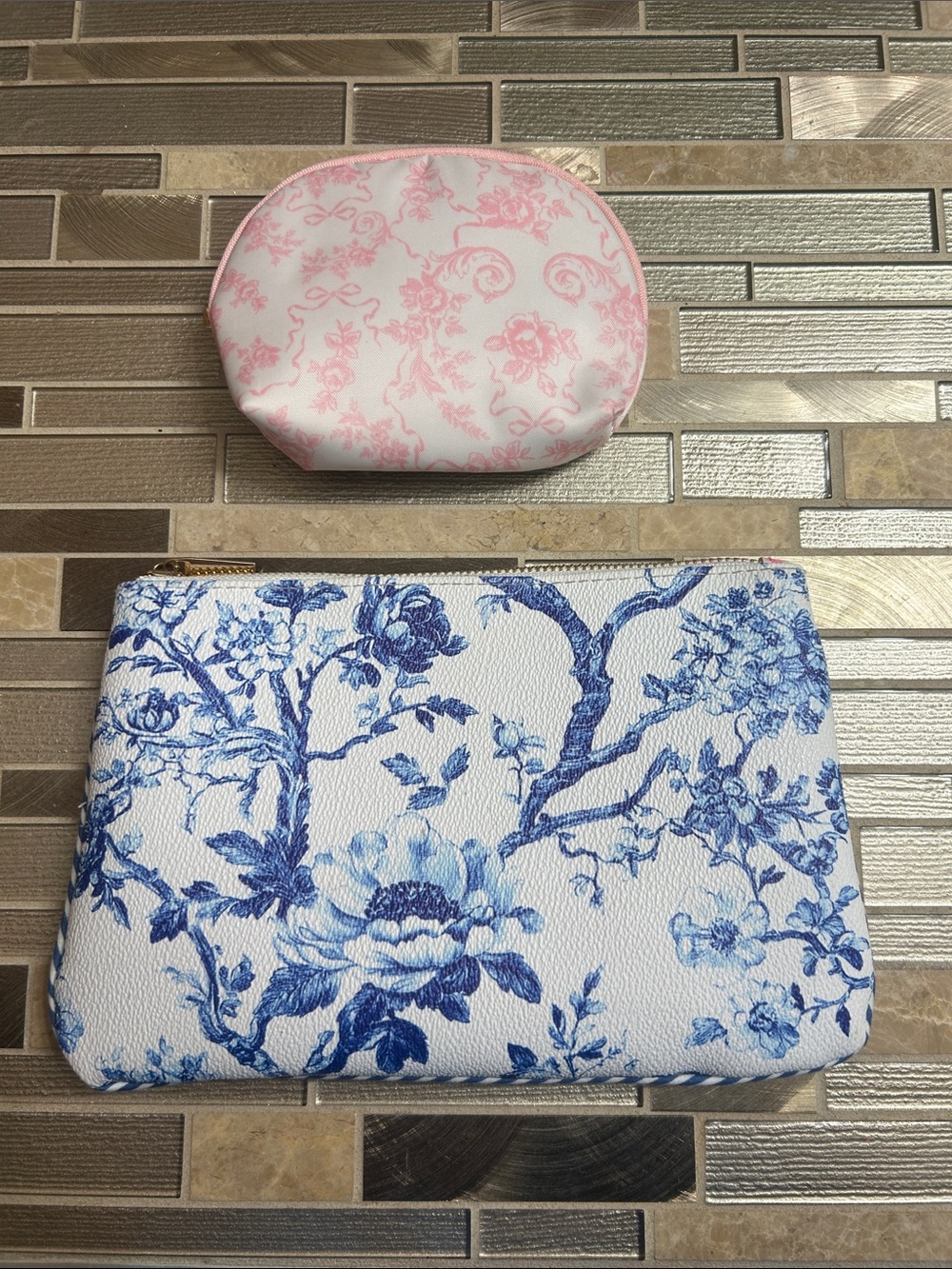 Blue & White Floral Pouch with Pink Toile pouch